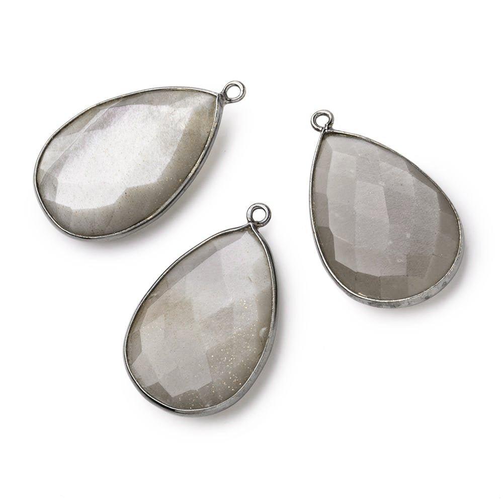 26x17mm Black Gold Bezel Platinum Grey Moonstone Pear Pendant 1 piece - The Bead Traders