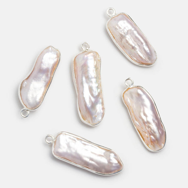 26x9mm Silver Bezeled Pink Biwa Pearl Pendant 1 Piece