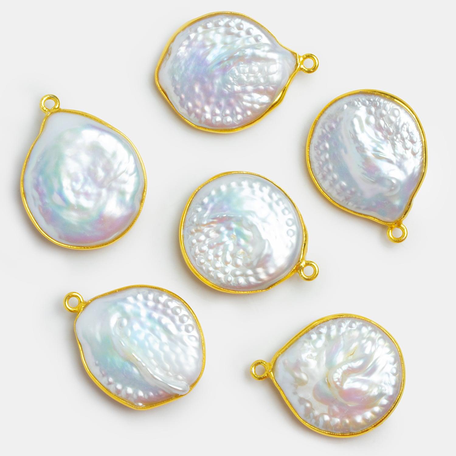 27x20mm Vermeil Bezeled White Coin Pearl Pendant 1 Piece - The Bead Traders