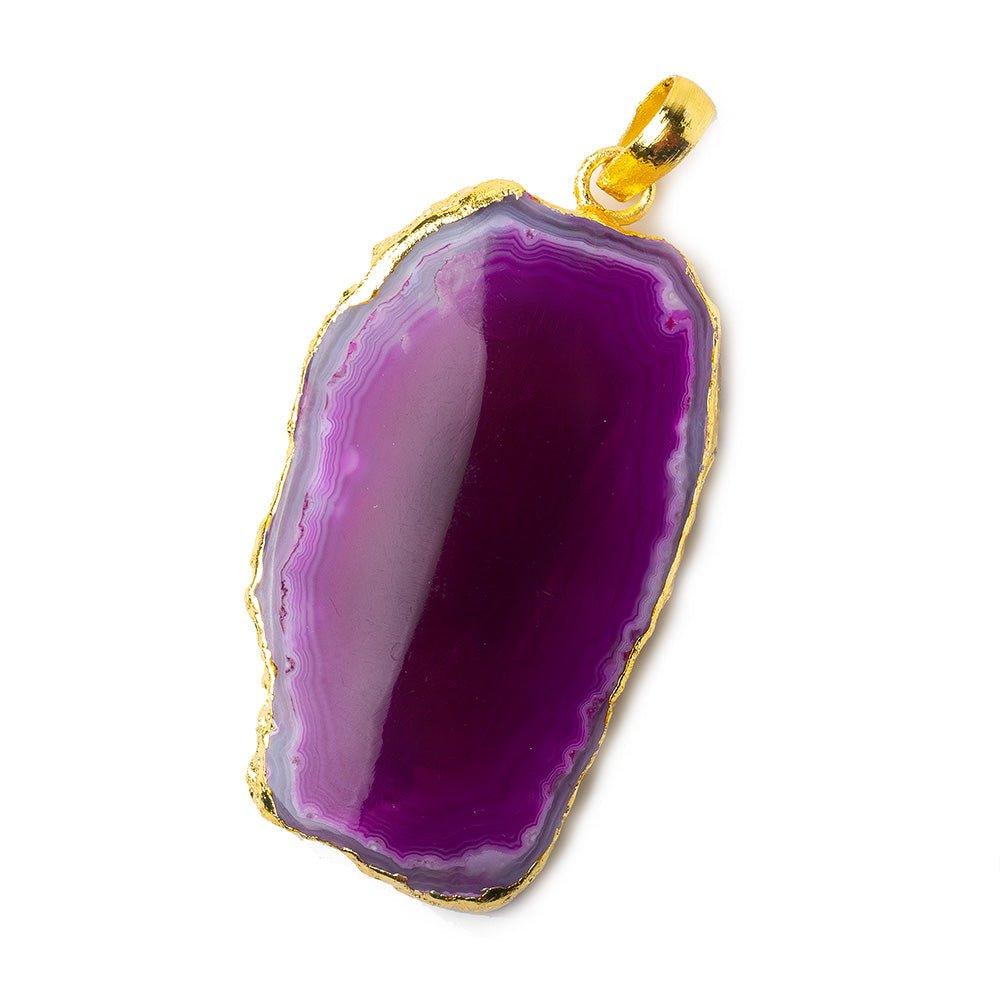 2x1 inch Gold Leafed Hot Purple Pink Agate Slice Focal bead Bailed Pendant 1 piece - The Bead Traders