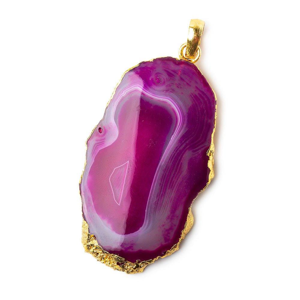 2x1.25 inch Gold Leafed Hot Pink Agate Slice Focal bead Bailed Pendant 1 piece - The Bead Traders
