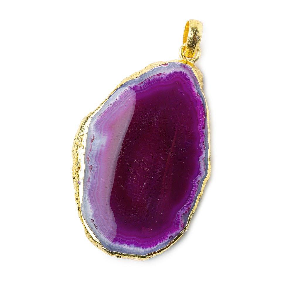 2x1.25 inch Gold Leafed Hot Purple Pink Agate Slice Focal bead Bailed Pendant 1 piece - The Bead Traders