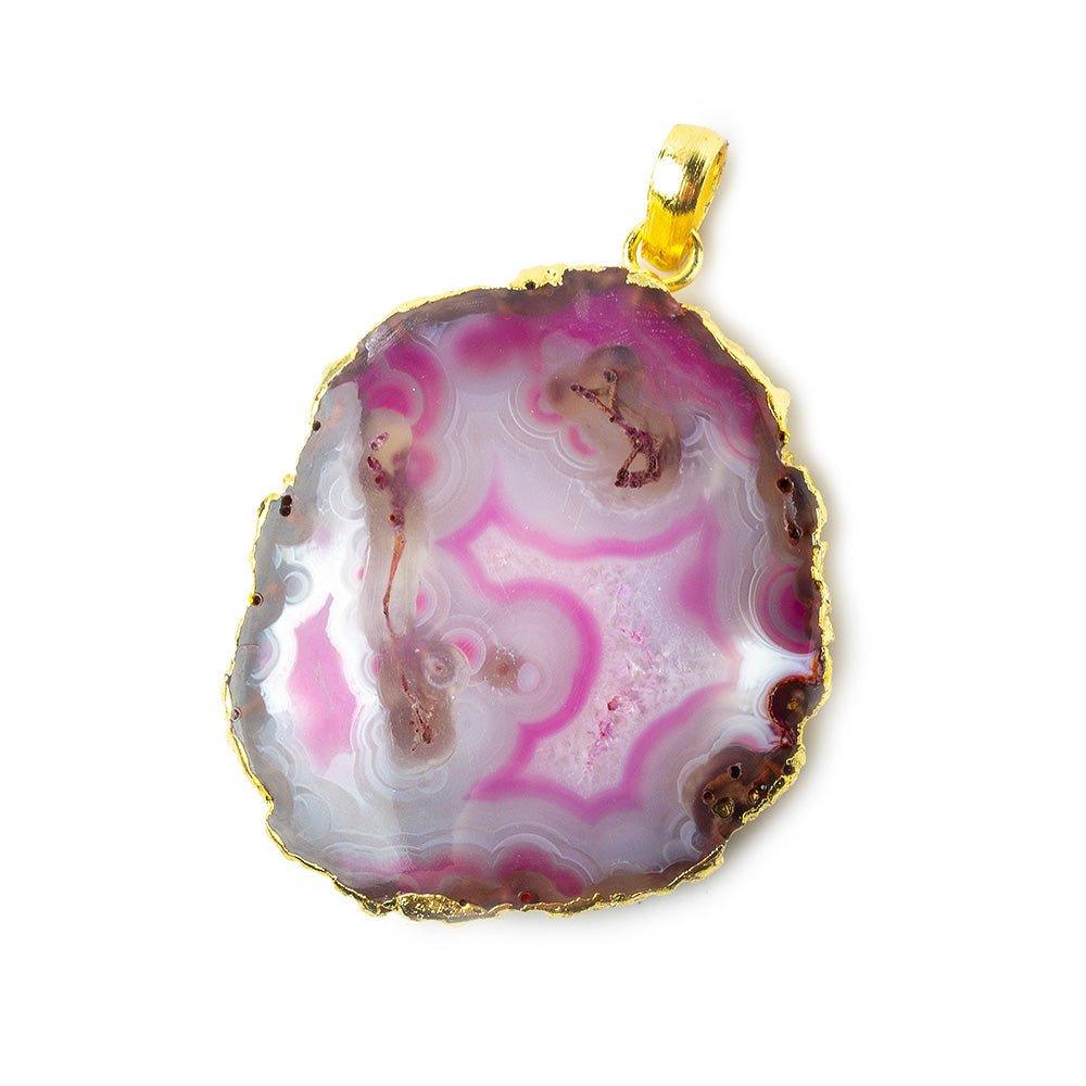 2x1.5 inch Gold Leafed Hot Pink Agate Slice Focal bead Bailed Pendant 1 piece - The Bead Traders