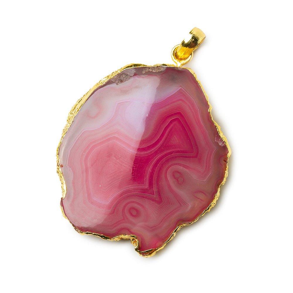 2x1.65 inch Gold Leafed Hot Pink Agate Slice Focal bead Bailed Pendant 1 piece - The Bead Traders