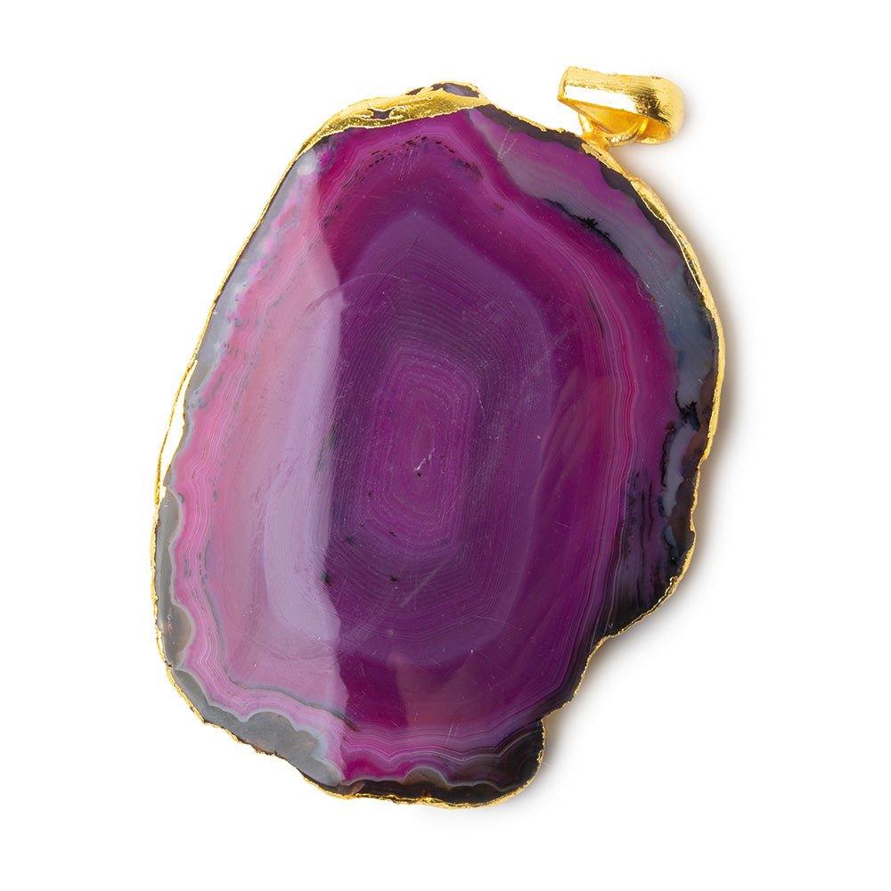 2x1.75 inch Gold Leafed Hot Pink Agate Slice Focal bead Bailed Pendant 1 piece - The Bead Traders