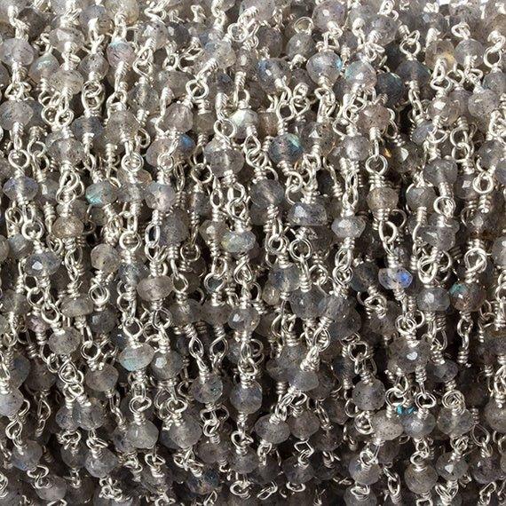 3-3.5mm Labradorite faceted rondelle Silver plated Chain by the foot 38 pieces - The Bead Traders