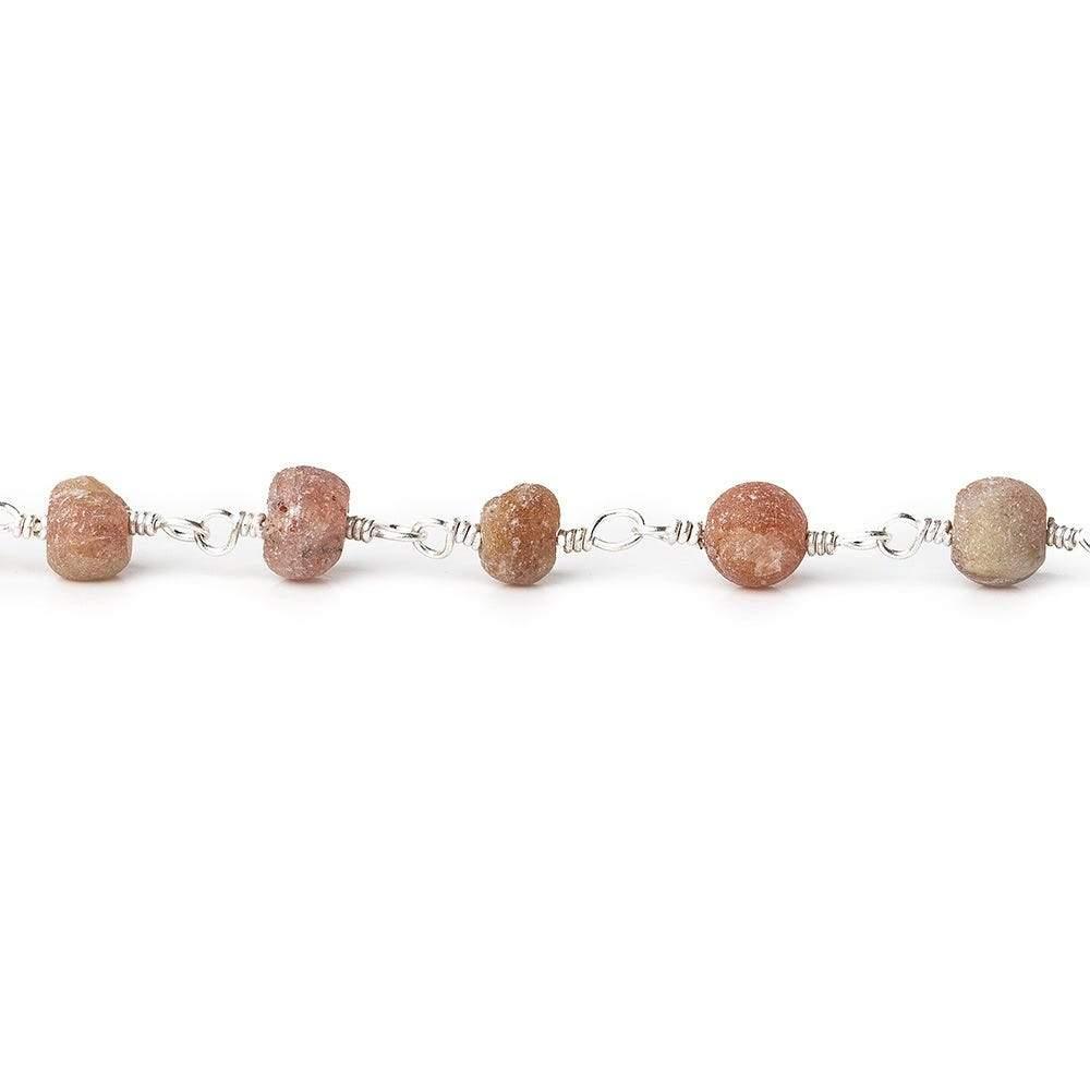 3-4mm Frosted Sunstone round and rondelle Silver plated Chain by the foot - The Bead Traders