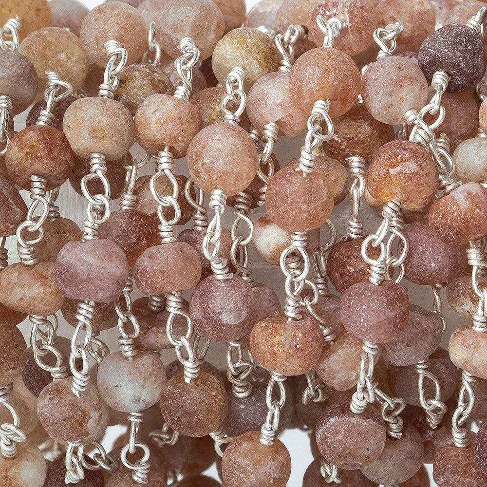 3-4mm Frosted Sunstone round and rondelle Silver plated Chain by the foot - The Bead Traders