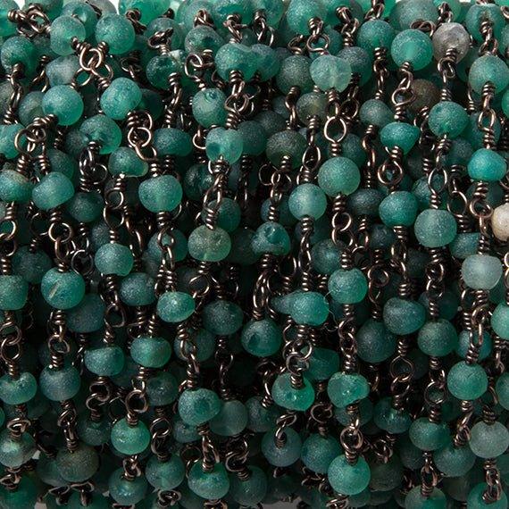 3-4mm Matte Green Chalcedony round Black Gold Rosary Chain by the foot 35 beads - The Bead Traders