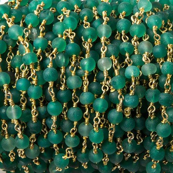 3-4mm Matte Green Chalcedony round Gold Rosary Chain by the foot 33 beads - The Bead Traders