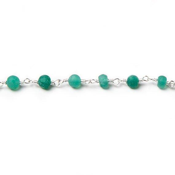 3-4mm Matte Green Chalcedony Silver Rosary Chain by the foot 35 beads - The Bead Traders