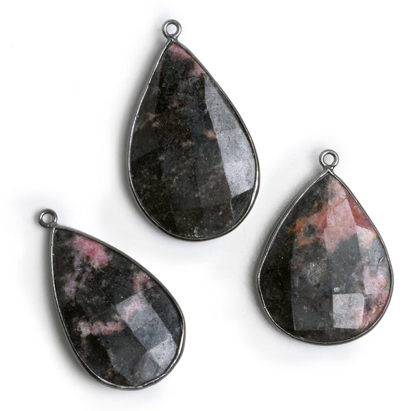 32x24mm Black Gold Bezeled Rhodonite Pear Pendant 1 piece