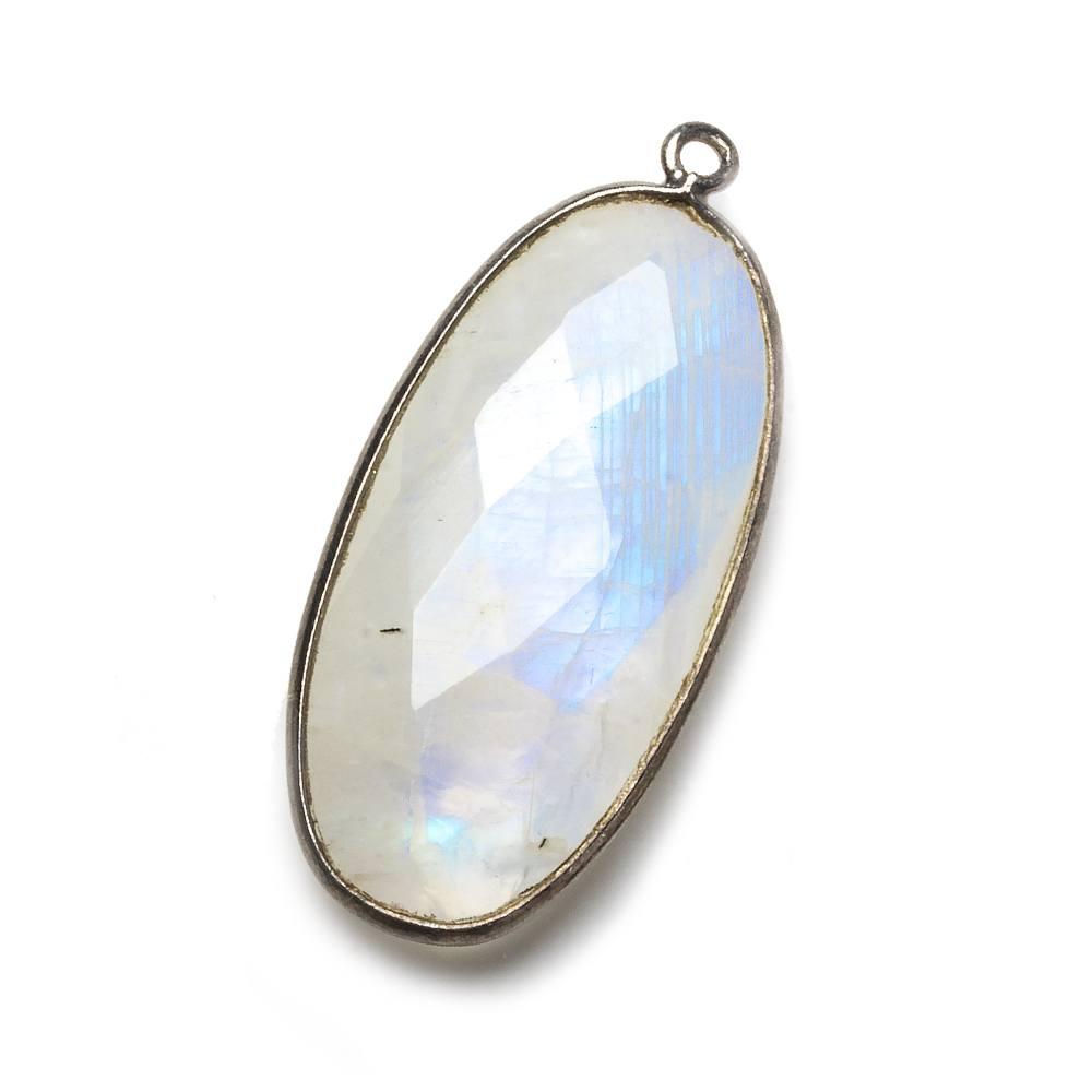 34x17mm Black Gold .925 Bezel Rainbow Moonstone Faceted Oval Pendant 1 piece - The Bead Traders