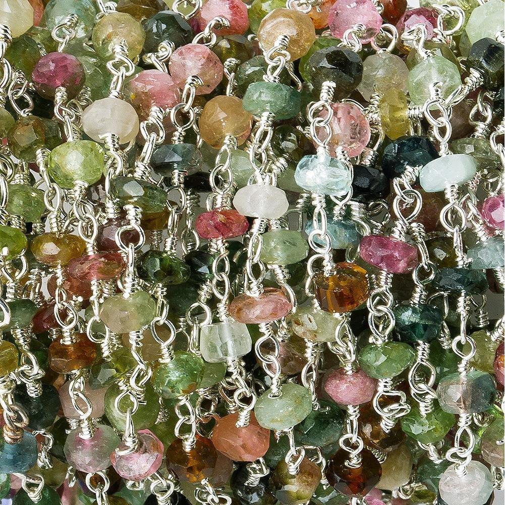 3.5-4mm Multi Color Afghani Tourmaline faceted rondelle Silver plated Chain by the foot 40 pieces - The Bead Traders