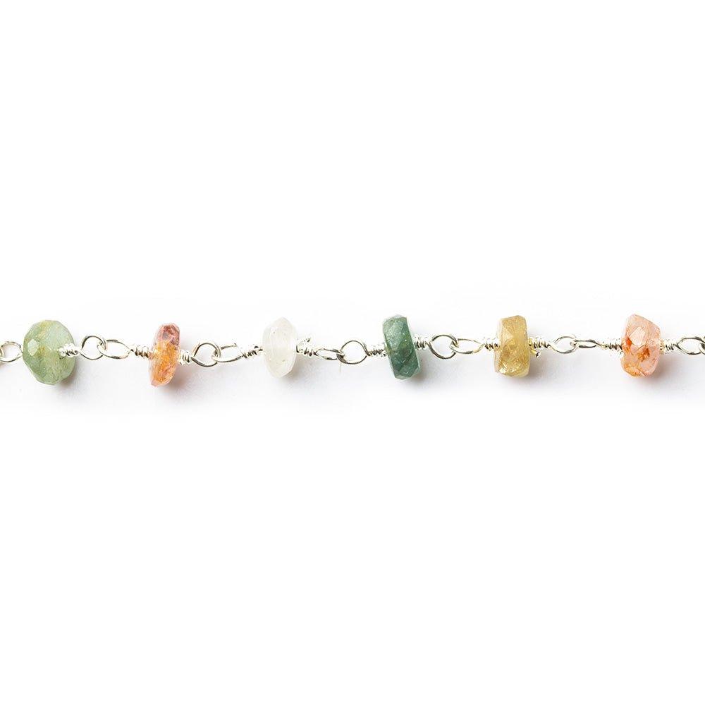 3.5-4mm Multi Color Afghani Tourmaline faceted rondelle Silver plated Chain by the foot 40 pieces - The Bead Traders