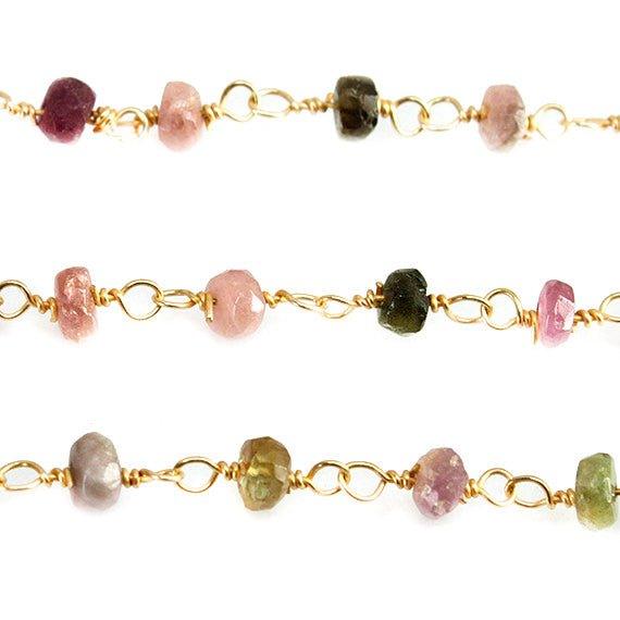 3.5-4mm Multi Color Tourmaline faceted rondelle Gold plated Chain by the foot 30 pieces - The Bead Traders
