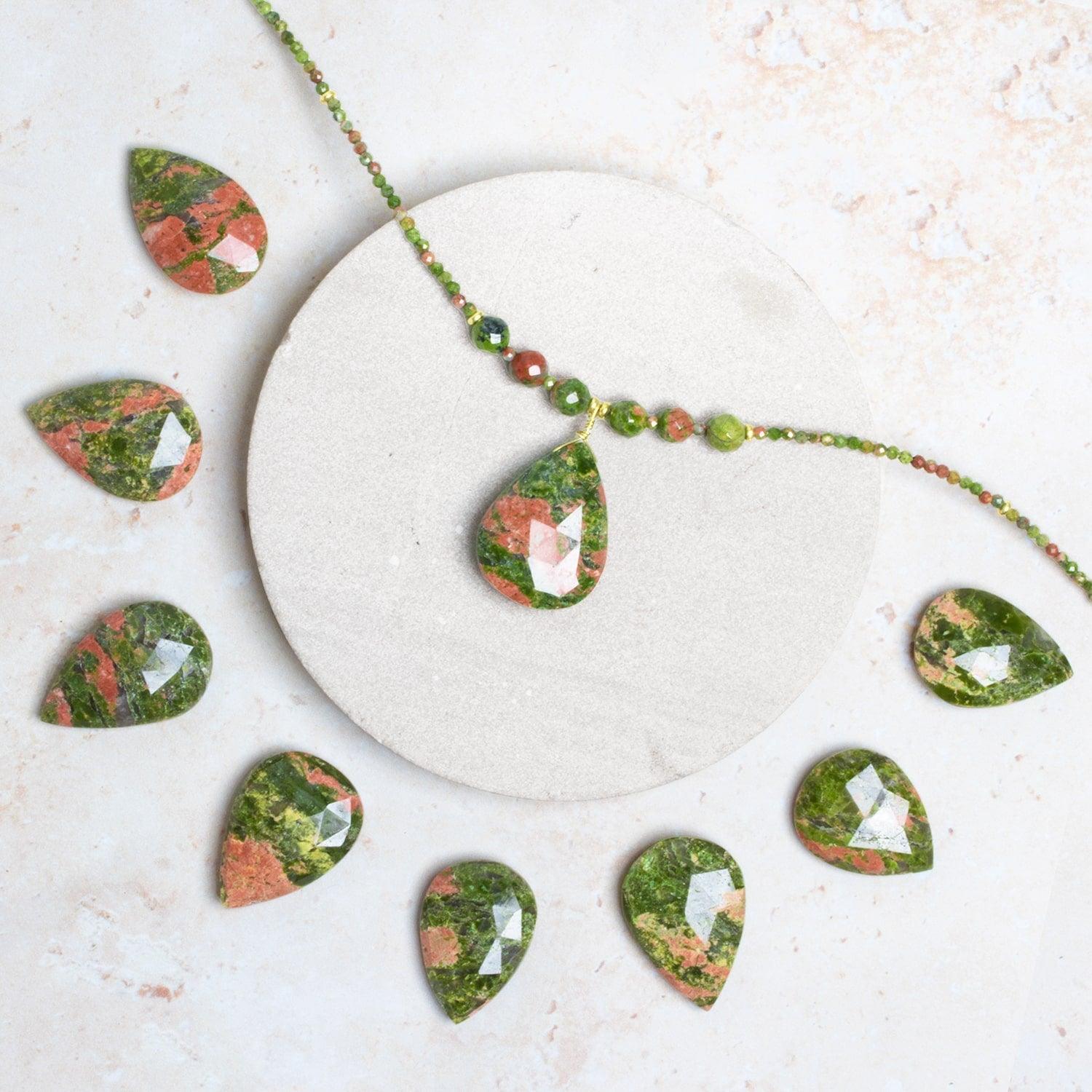 35mm Unakite Jasper Faceted Pear Focal Bead 1 Piece - The Bead Traders
