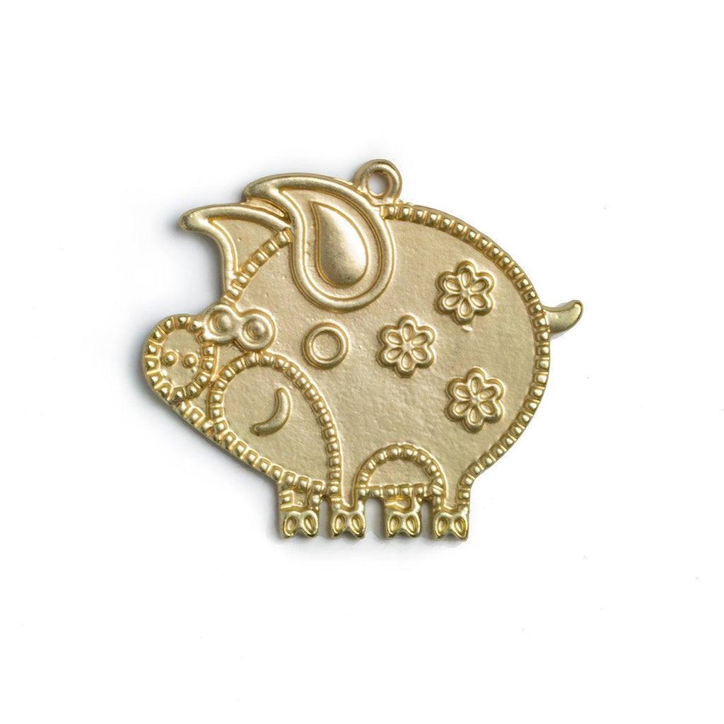 37x43mm Brass-tone Pig Pendant with Floral Relief Designs 1 piece - The Bead Traders