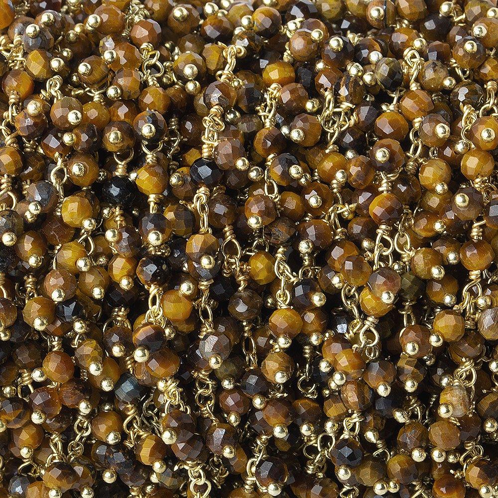 3mm Golden Tiger's Eye micro-faceted round Gold plated Dangling Chain by the foot - The Bead Traders