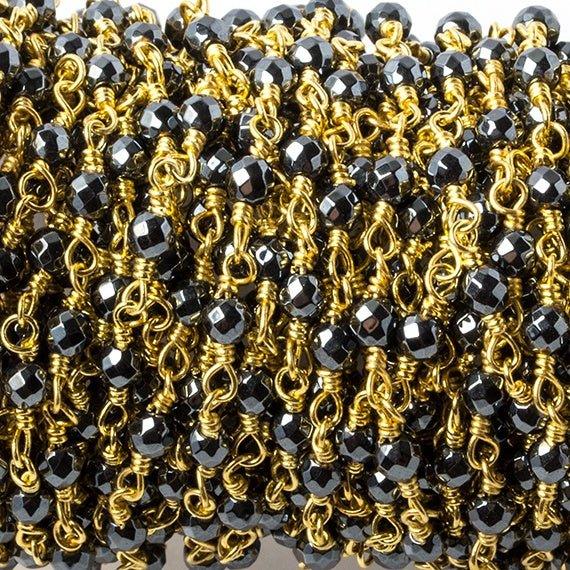 3mm Hematite faceted round Gold plated chain by the foot 34 pieces - The Bead Traders