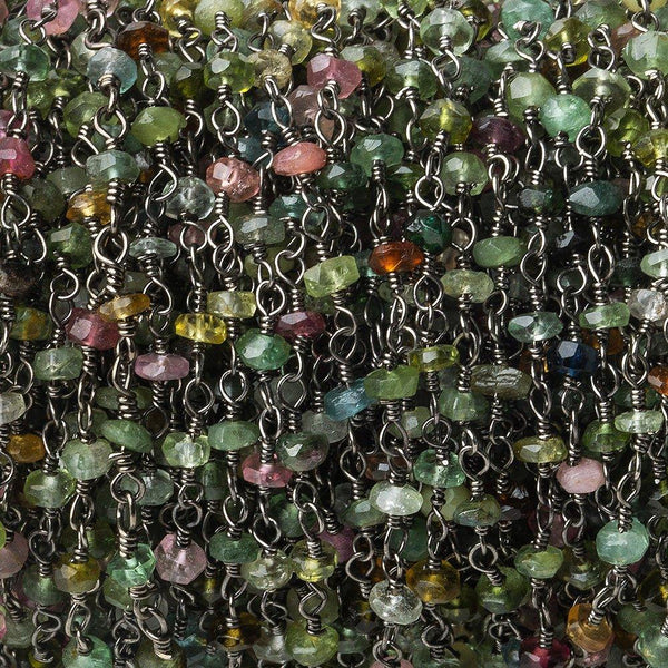 3mm Multi Color Tourmaline faceted rondelle Black Gold plated Chain by the foot 41 pieces