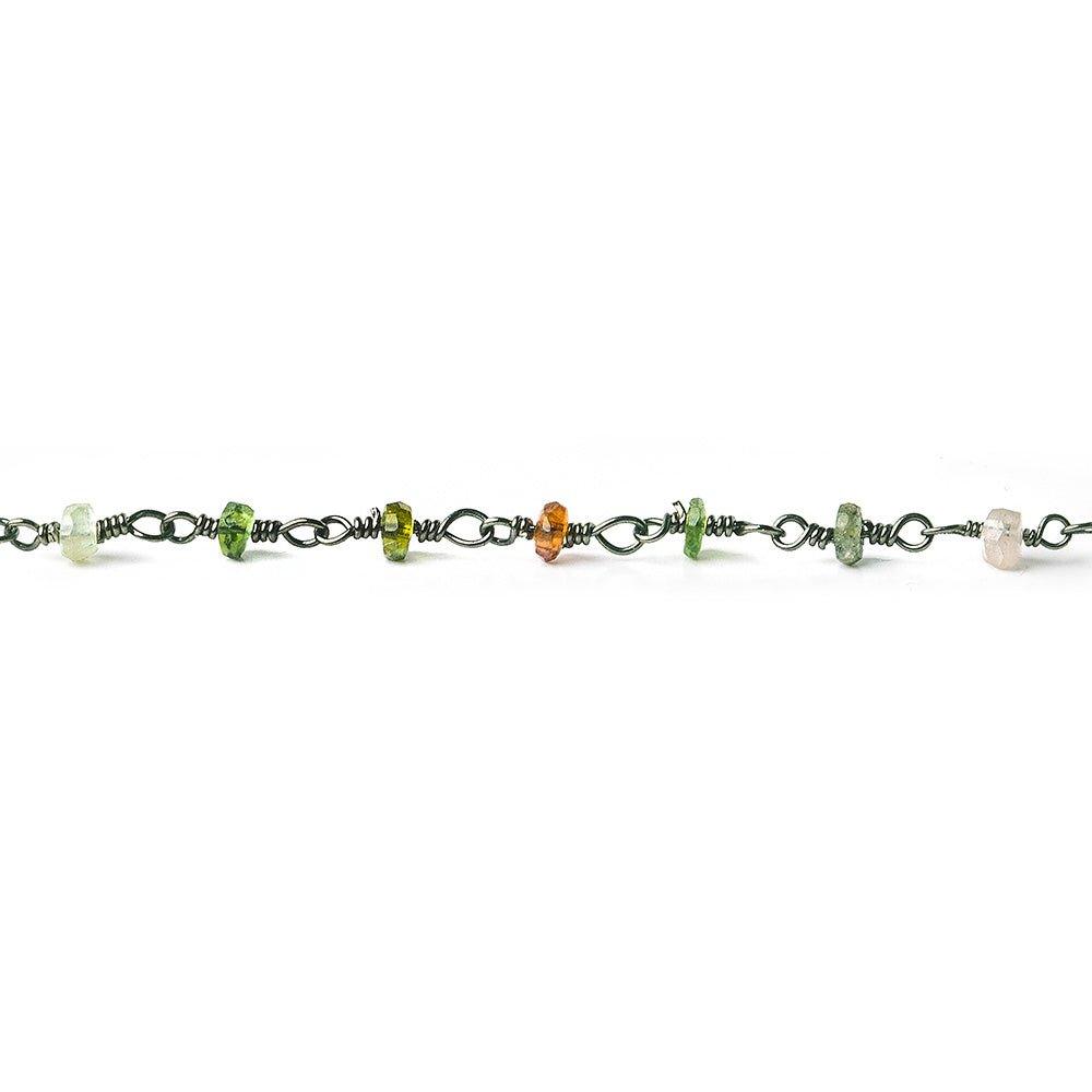 3mm Multi Color Tourmaline faceted rondelle Black Gold plated Chain by the foot 41 pieces - The Bead Traders