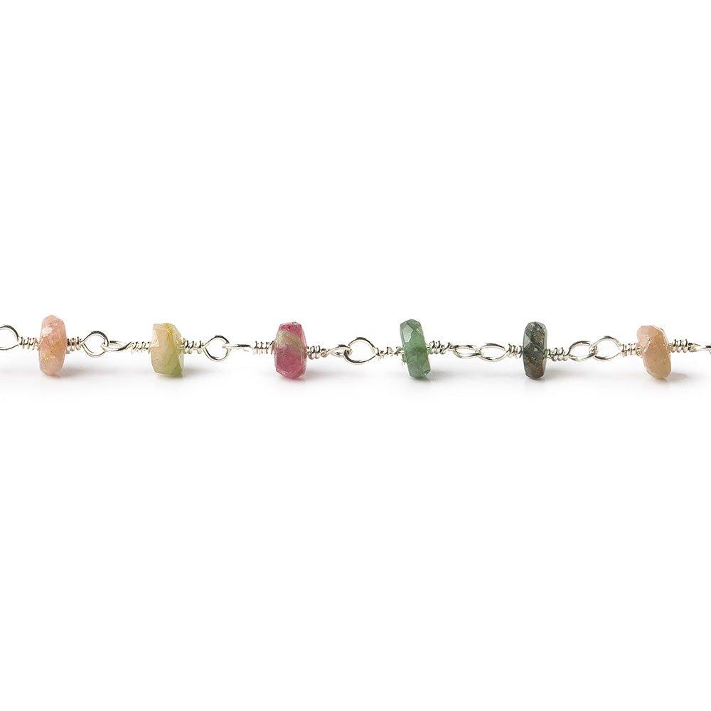 4-4.5mm Multi Color Tourmaline faceted rondelle Silver plated Chain by the foot 35 pieces - The Bead Traders