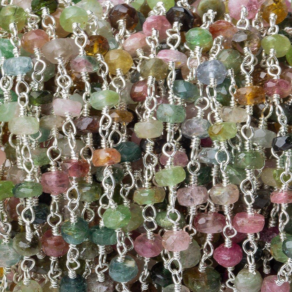 4-4.5mm Multi Color Tourmaline faceted rondelle Silver plated Chain by the foot 35 pieces - The Bead Traders