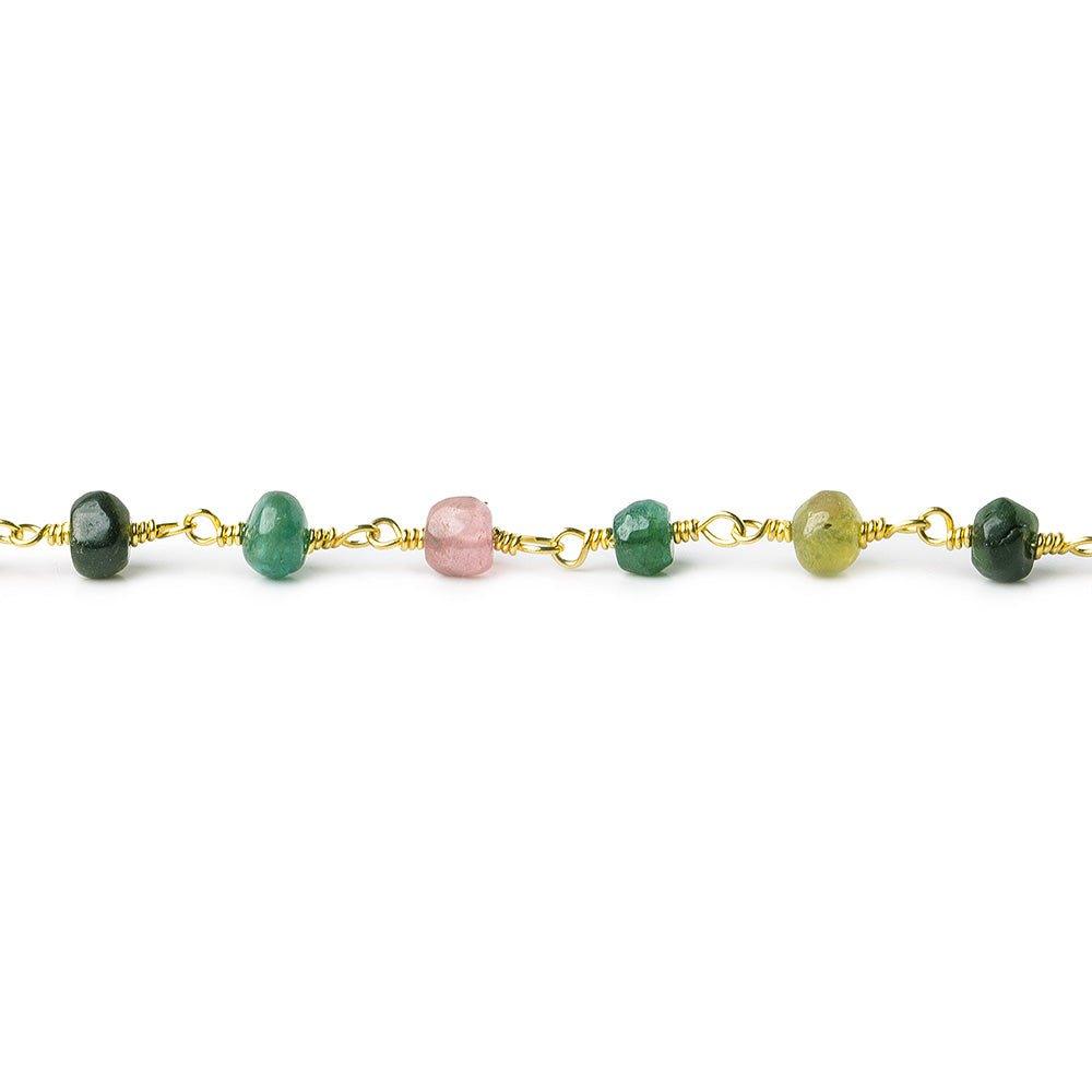 4.5-5mm Multi Color Tourmaline tumbled faceted rondelle Gold plated Chain by the foot 31 pieces - The Bead Traders
