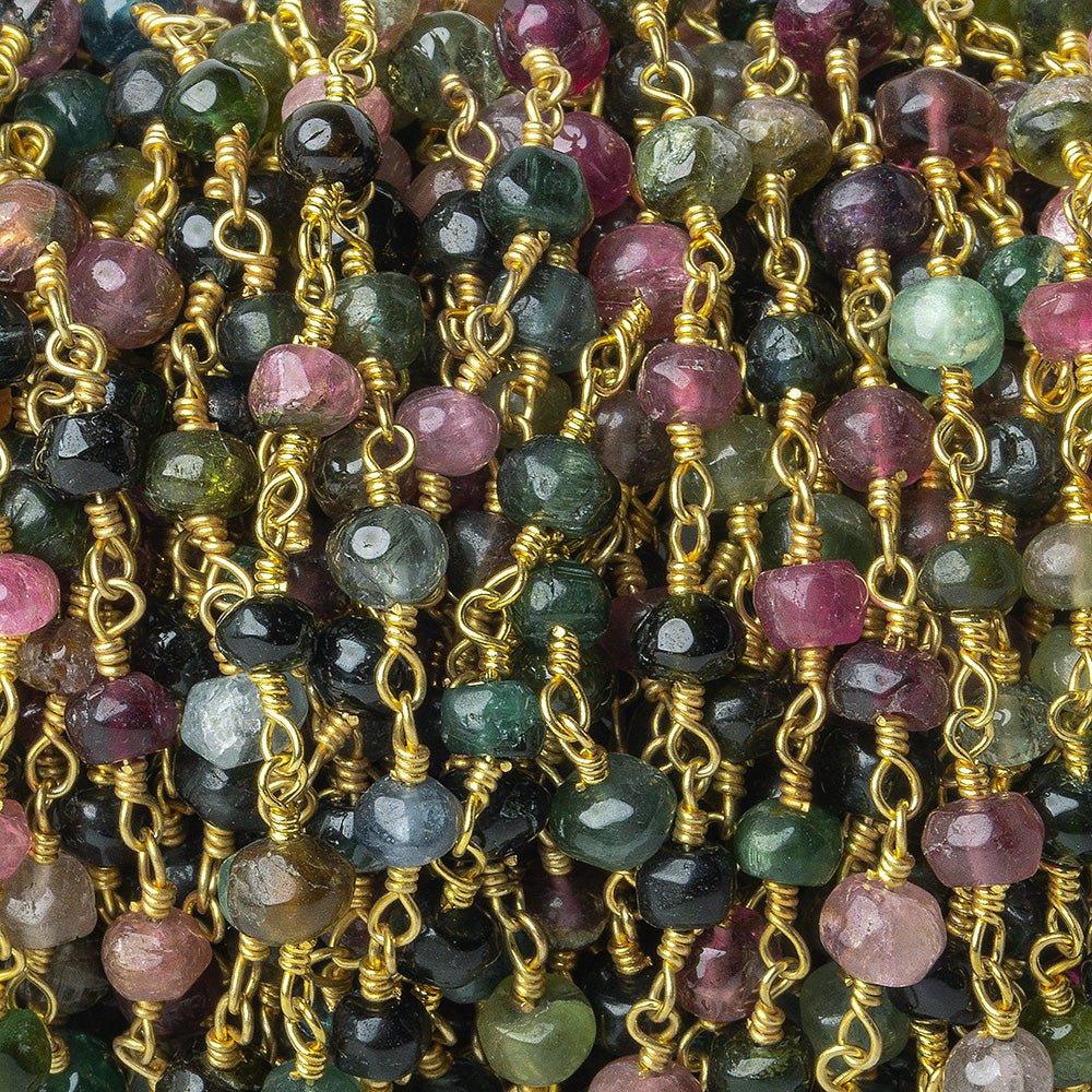 4.5-5mm Multi Color Tourmaline tumbled faceted rondelle Gold plated Chain by the foot 31 pieces - The Bead Traders