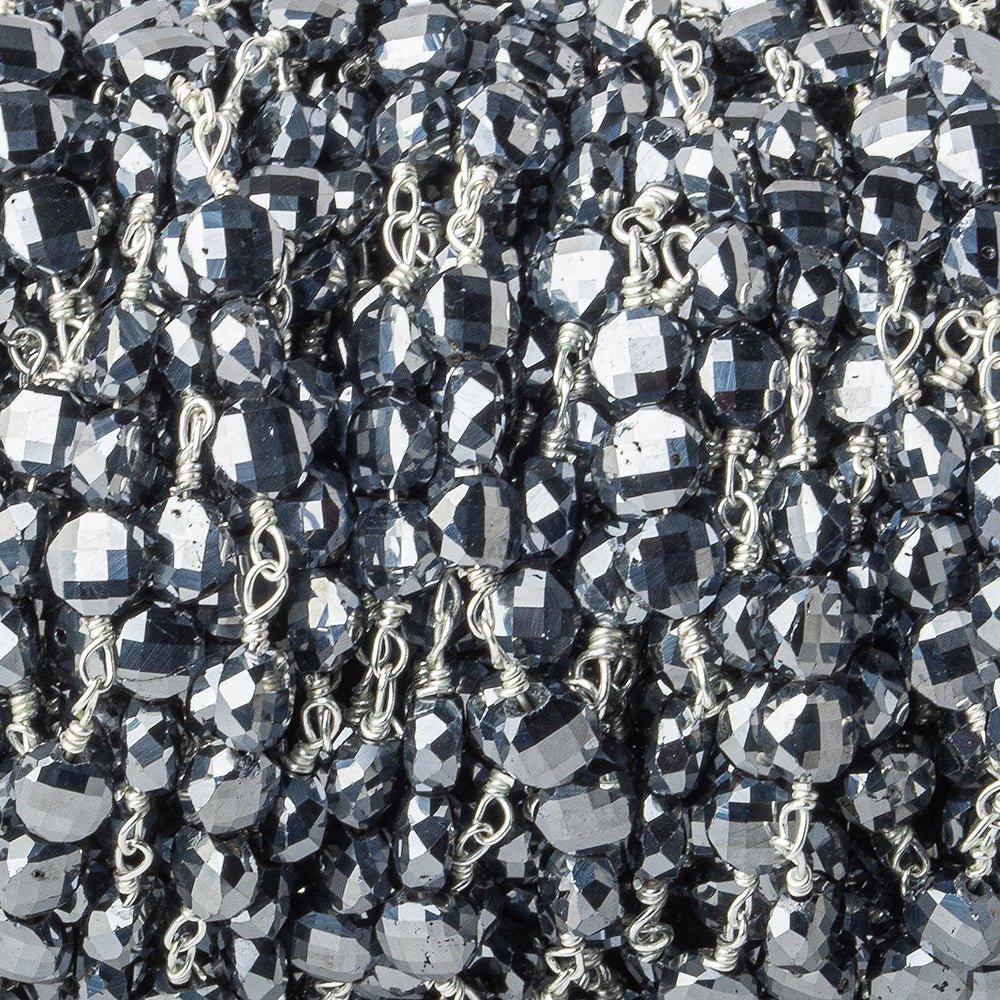 4.5mm Silver Metallic Crystal faceted coin Trio Silver Chain by the foot 48 beads per length - The Bead Traders