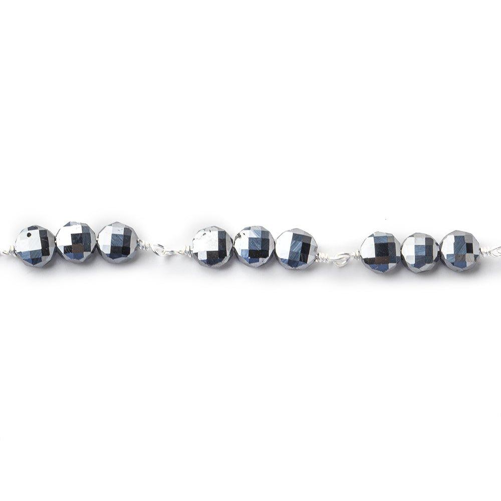 4.5mm Silver Metallic Crystal faceted coin Trio Silver Chain by the foot 48 beads per length - The Bead Traders