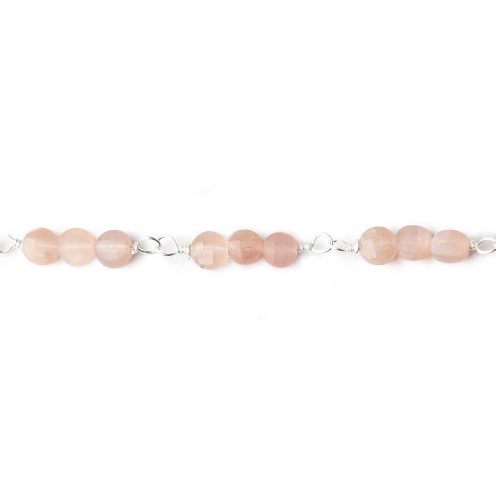 4mm Angel Skin Peach Moonstone faceted coin Trio Silver Chain 54 pieces - The Bead Traders
