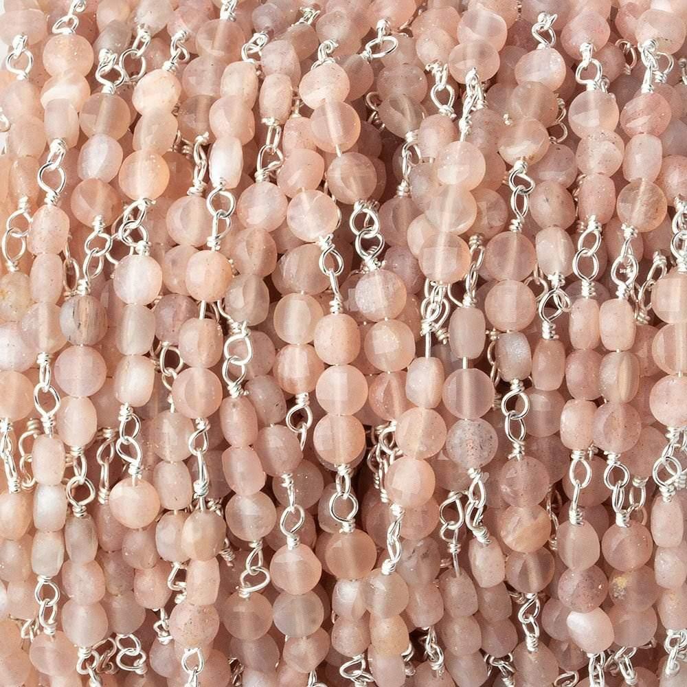 4mm Angel Skin Peach Moonstone faceted coin Trio Silver Chain 54 pieces - The Bead Traders