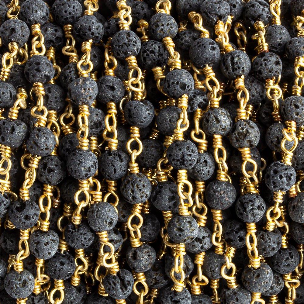 4mm Black Lava Rock Plain Round Gold Chain by the Foot 30 pieces - The Bead Traders