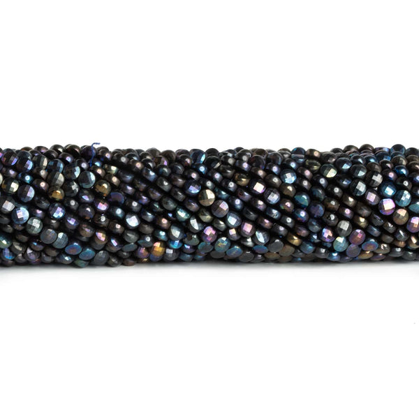 4mm Blue Peacock Mystic Black Spinel Checkerboard Coins 12 inch 80 beads
