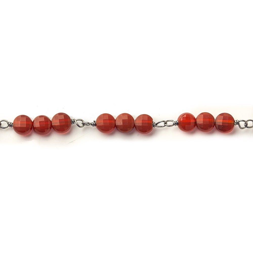 4mm Carnelian Agate faceted coin Trio Black Gold Chain by the foot 54 beads per length - The Bead Traders