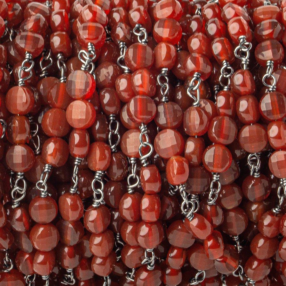 4mm Carnelian Agate faceted coin Trio Black Gold Chain by the foot 54 beads per length - The Bead Traders