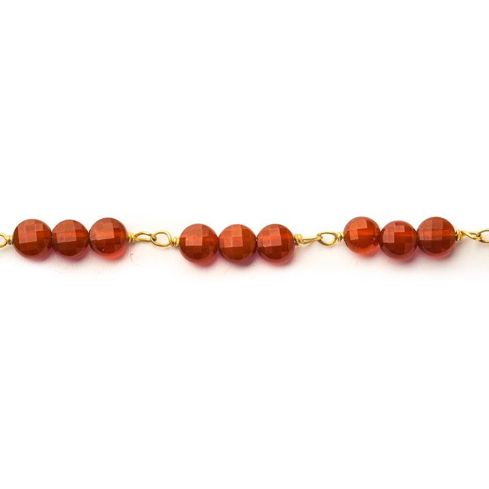 4mm Carnelian Agate faceted coin Trio Gold Chain by the foot 54 beads per length - The Bead Traders