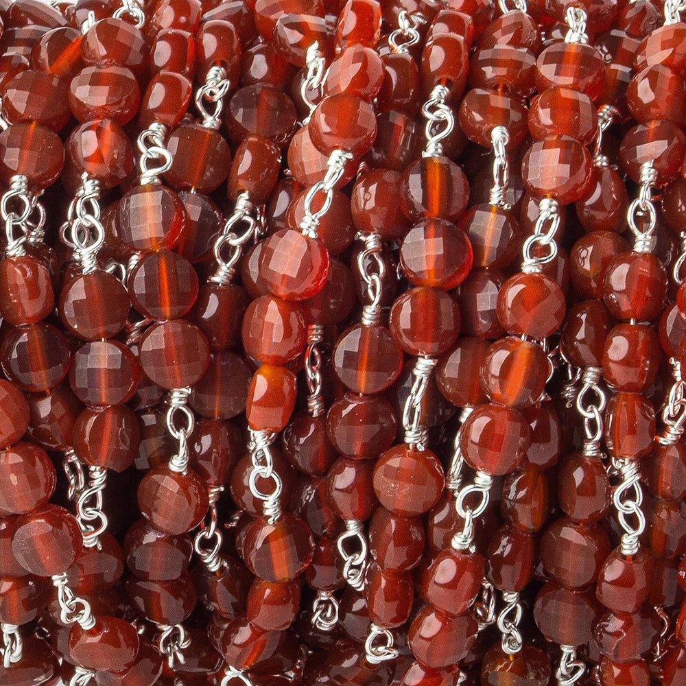 4mm Carnelian Agate faceted coin Trio Silver Chain by the foot 54 beads per length - The Bead Traders