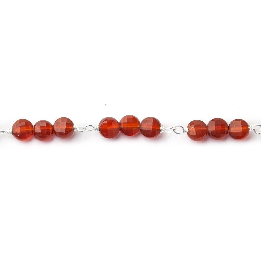 4mm Carnelian Agate faceted coin Trio Silver Chain by the foot 54 beads per length - The Bead Traders