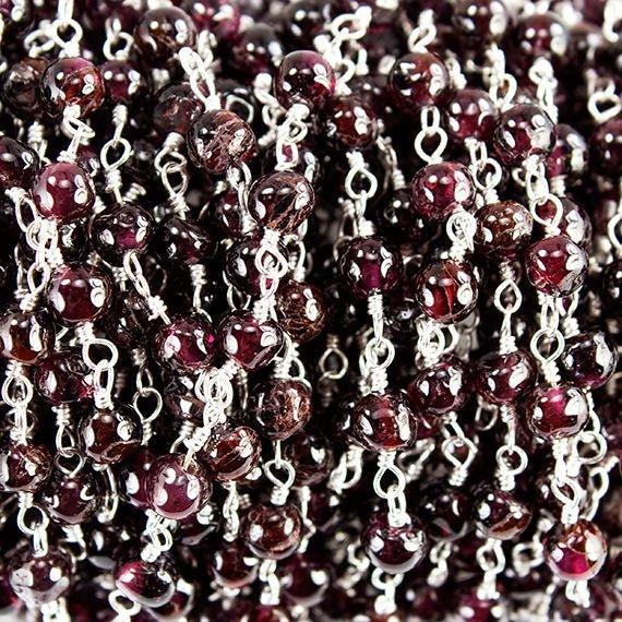 4mm Garnet Plain Round Silver Wire Wrapped Chain by foot - The Bead Traders