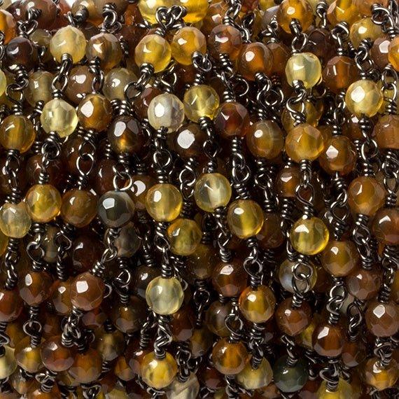 4mm Golden Amber Multi-tonal Agate Black Gold plate Chain by the foot 32 beads - The Bead Traders