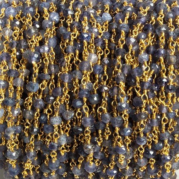 4mm Iolite faceted rondelle Gold Chain by the foot 34 pieces - The Bead Traders