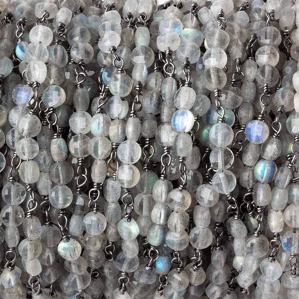 4mm Labradorite faceted coin Trio Black Gold Chain 54 pieces - The Bead Traders