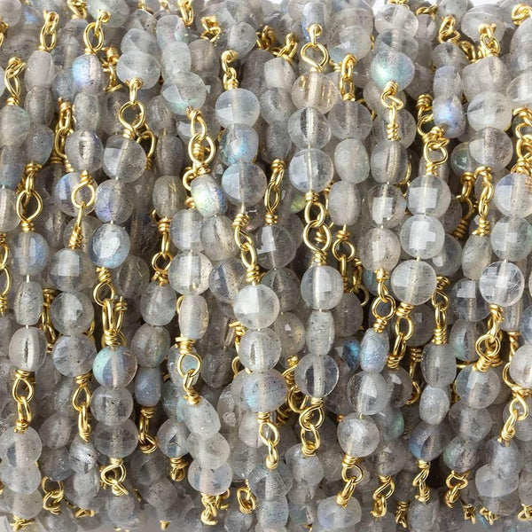 4mm Labradorite faceted coin Trio Gold Chain 54 pieces