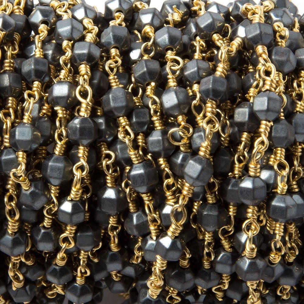 4mm Matte Hematite faceted hexagon Gold Chain by the foot 26pcs - The Bead Traders