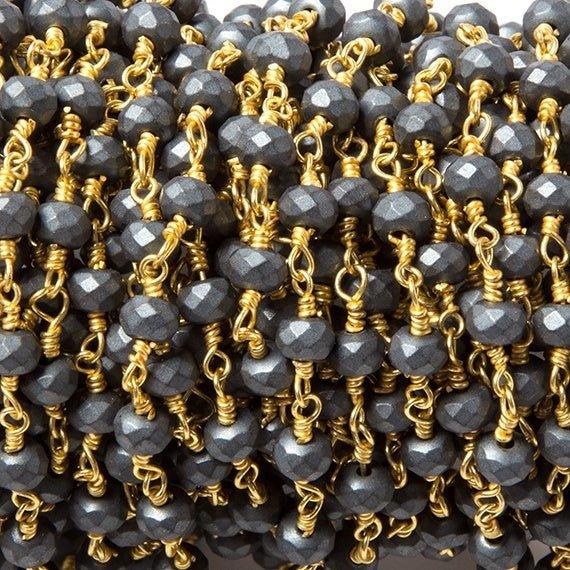 4mm Matte Hematite faceted rondelle Gold plated Chain by the foot 34 pcs - The Bead Traders