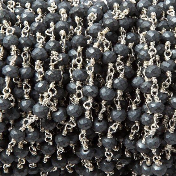 4mm Matte Hematite faceted rondelle Silver plated Chain by the foot 34 pcs - The Bead Traders