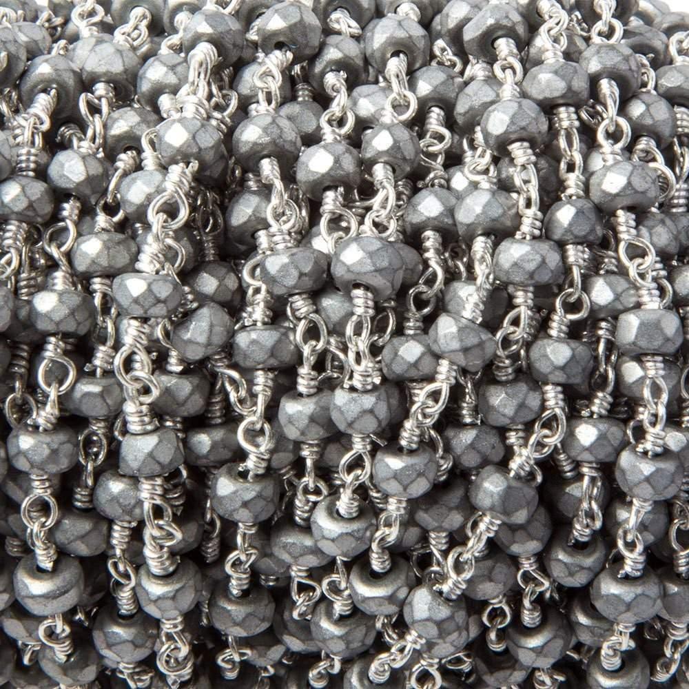 4mm Matte Silver Hematite faceted rondelle Silver plated Chain by the foot 33pcs - The Bead Traders